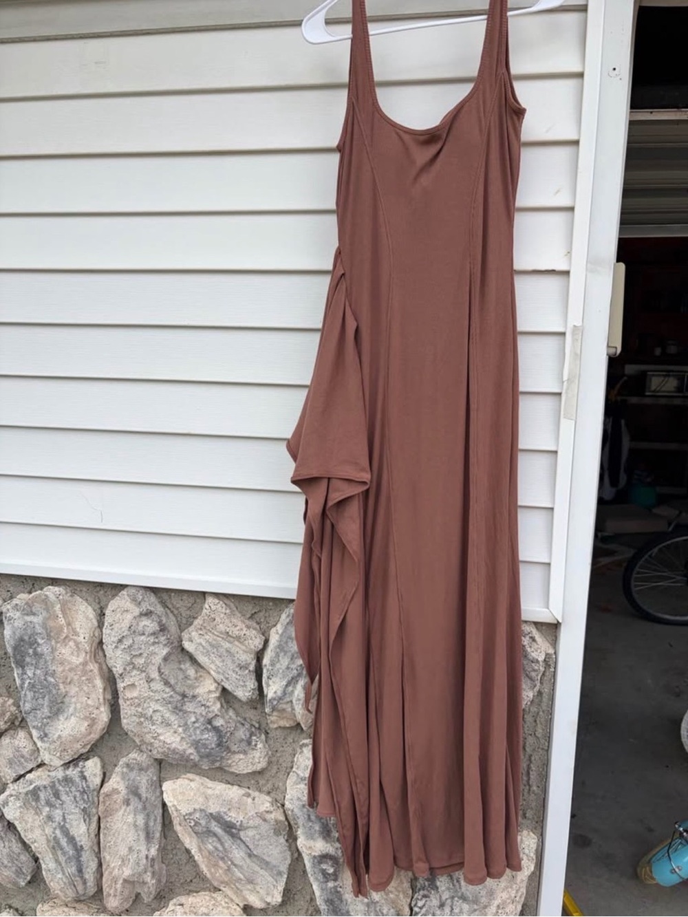 Sleeveless Brown Maxi Dress with Flowy Draped Side